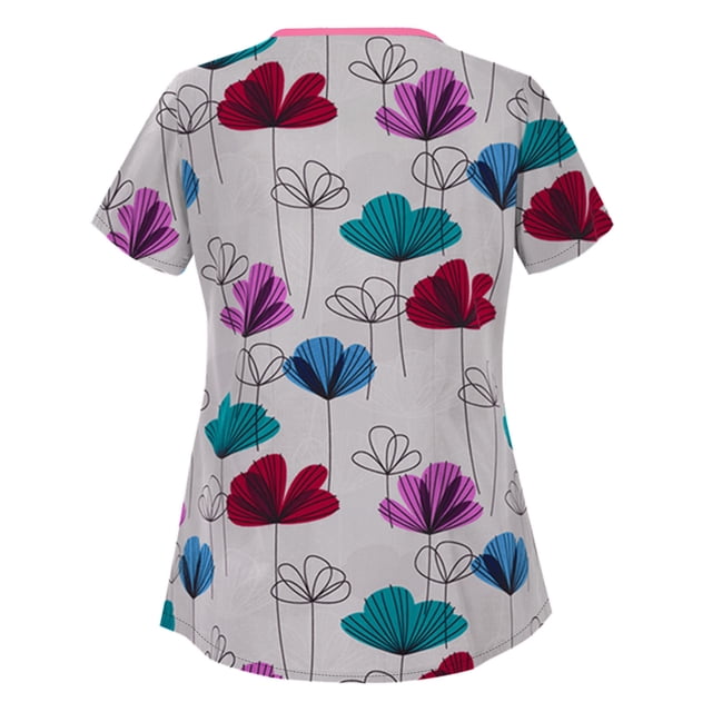 Pompotops Femmes Mode Imprimé Fleurs Manches Courtes Tops Travaillant Uniforme Chemisier Chemise