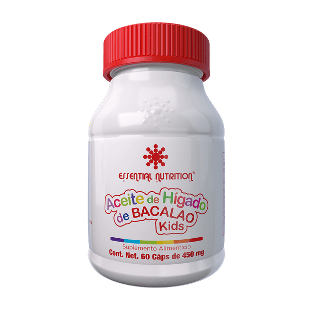 aceite de hígado de bacalao para niños 60 cápsulas de 450 mg frasco blanco con tapa roja, etiqueta multicolor de Essential Nutrition ENG que indica suplemento alimenticio y 'Cont. Net. 60 Cáps de 450 mg', vista frontal sobre fondo neutro; suplemento infantil a menudo usado en rutinas de suplementos para niños.