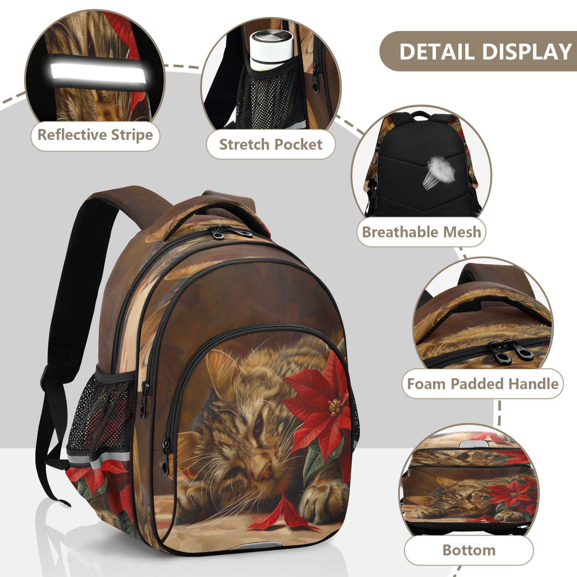 YAZAOO Backpack Fashio Cozy Cat with Florals Pattern Suitable Schoolbag Traveling Bag