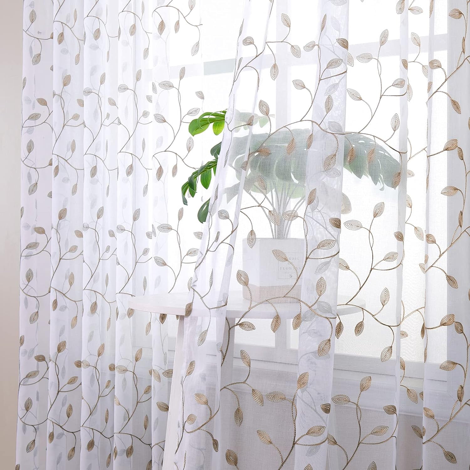Sunyuer Leaves Short Sheer Curtains Taupe Leaf Embroidery Curtain Rod Pocket Voile Faux Linen Embroidered Leaves Curtains for Bedroom Living Room, 52W X 84L inch, Set of 2 Panels, Taupe