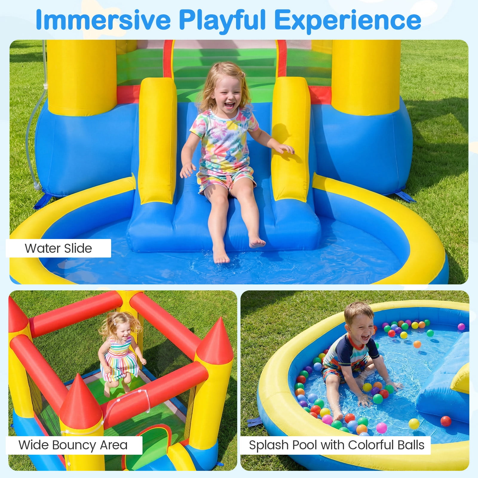 Gymax Inflatable Bounce House Kids Water Park Wet Dry w/ Splash Pool Water Slide & Bouncy Area Indoor Outdoor Jumping Castle