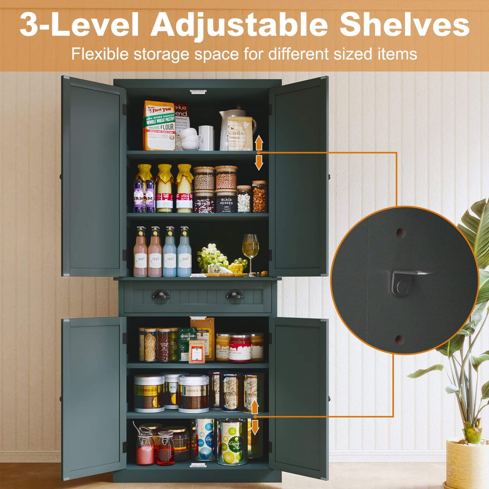 HLR 72" Tall Kitchen Pantry Cabinet with Drawer & Adjustable Shelves, Freestanding Storage Cabinet, Green
