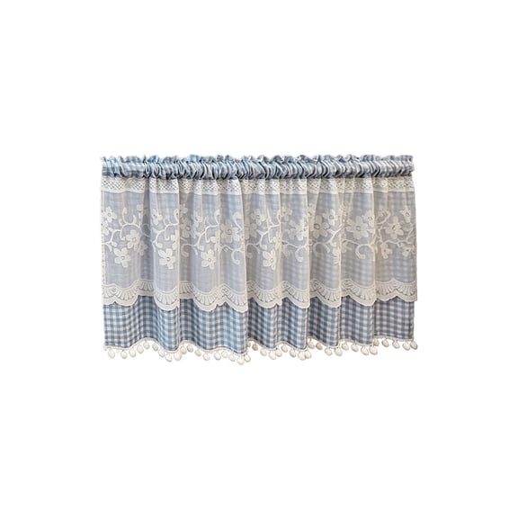 HOARBOEG Floral Print Rod Pocket Tier Curtains, Lace Edge Sheer Cafe Curtains Light Filtering Kitchen Window Treatments for Bathroom Farmhouse Decor Blue