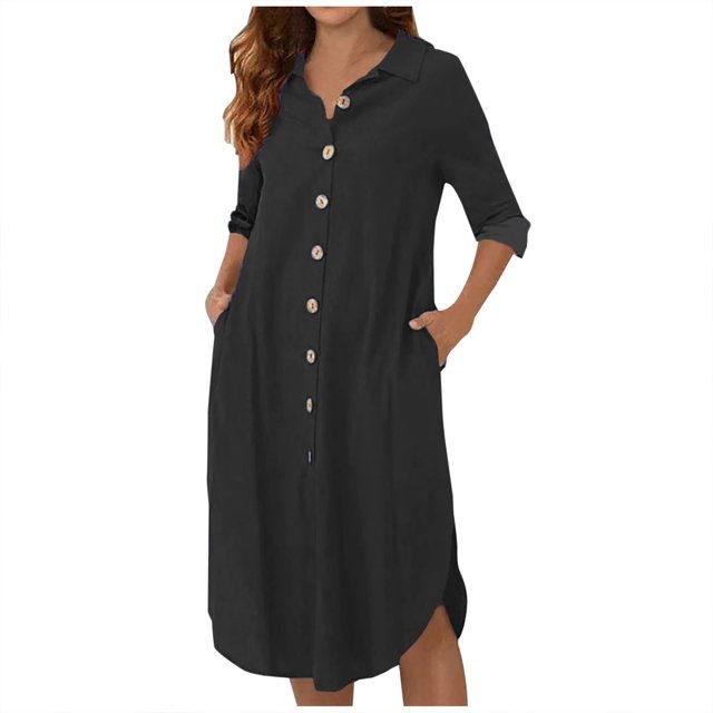 Robes Décontractées pour Femmes, Couleur Unie, Boutonnée, Col en V, Col à Revers, Robe Midi, Manches Longues/courtes, Robe Chemise avec Poches