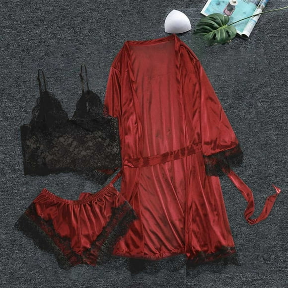 Qertyioot Womens Valentine's Day Lingerie Lace Nightwear Underwear Sleepwear Dress 3PC SEet