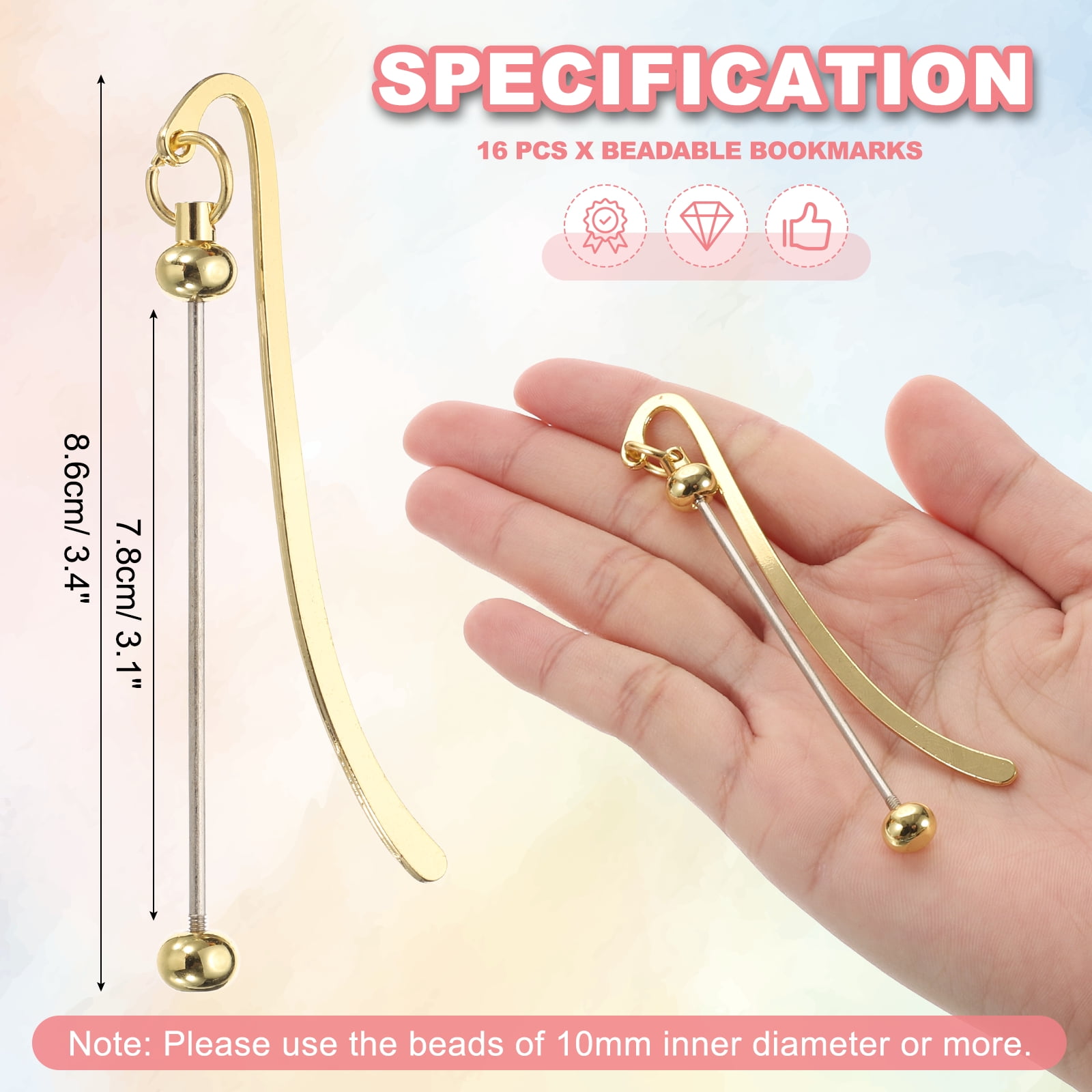 Uxcell 16 Pcs Beadable Bookmarks, DIY Metal Blank Bar Bookmark Bead Craft Jewelry Pendant Charm Book Mark for Gift Teacher Office Supplies Home Crafts, Gold
