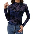 thumbnail image 2 of Womens Lace Mesh Long Sleeve Top Floral Sheer See Through Tops Mock Neck Shirts Party Club Night Blouses Navy Blue S, 2 of 9