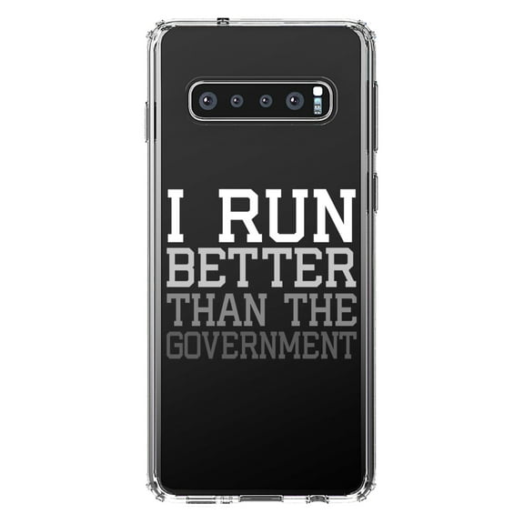 DistinctInk Clear Shockproof Hybrid Case for Samsung Galaxy S10 (6.1" Screen) - TPU Bumper Acrylic Back Tempered Glass Screen Protector - I Run Better Than the Government