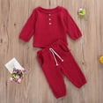 thumbnail image 3 of Bagilaanoe Toddler Baby Boy Girl Cotton Linen Pants Set Solid Long Sleeve T Shirt Top Drawstring Elastic Waist Pants Outfit, 3 of 7