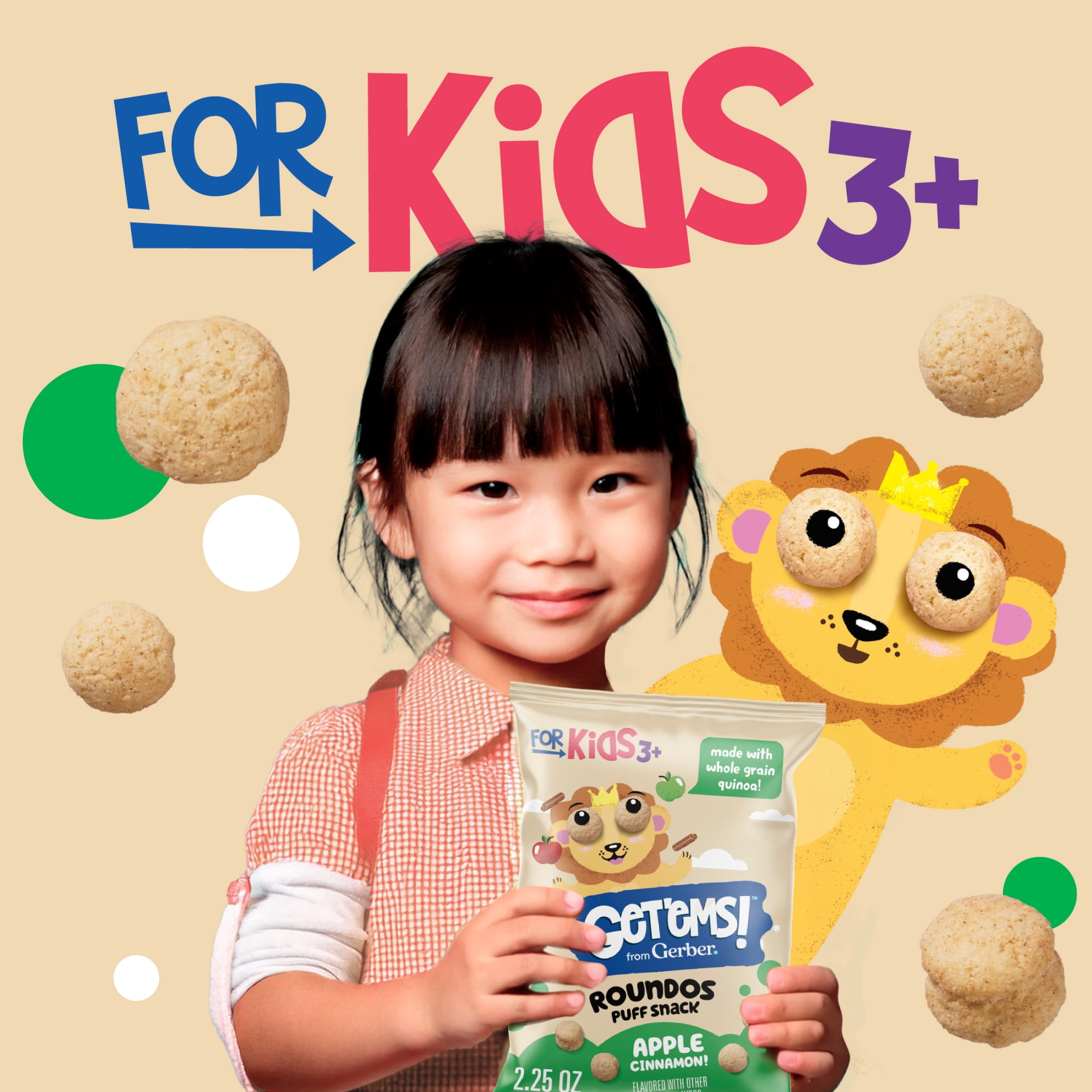 (2 pack) Get'ems from Gerber Apple Cinnamon Roundos Puffs Snacks, Kids Snack Made with Whole Grain Quinoa, Calcium to Support Strong Bones 2.25 oz