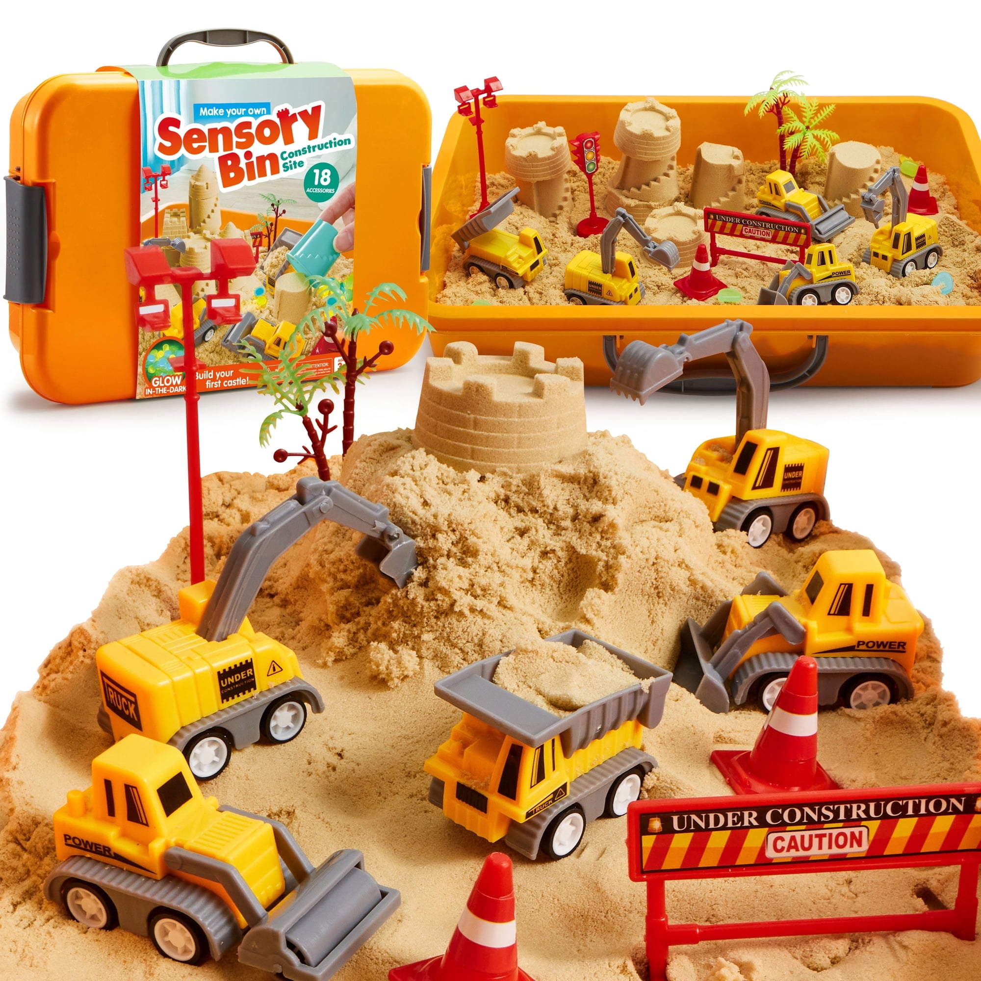Klever Kits Construction Sensory Bin with Glow-in-The-Dark Stones, Play Sand Toy Gifts for Boys Girls Age 3+