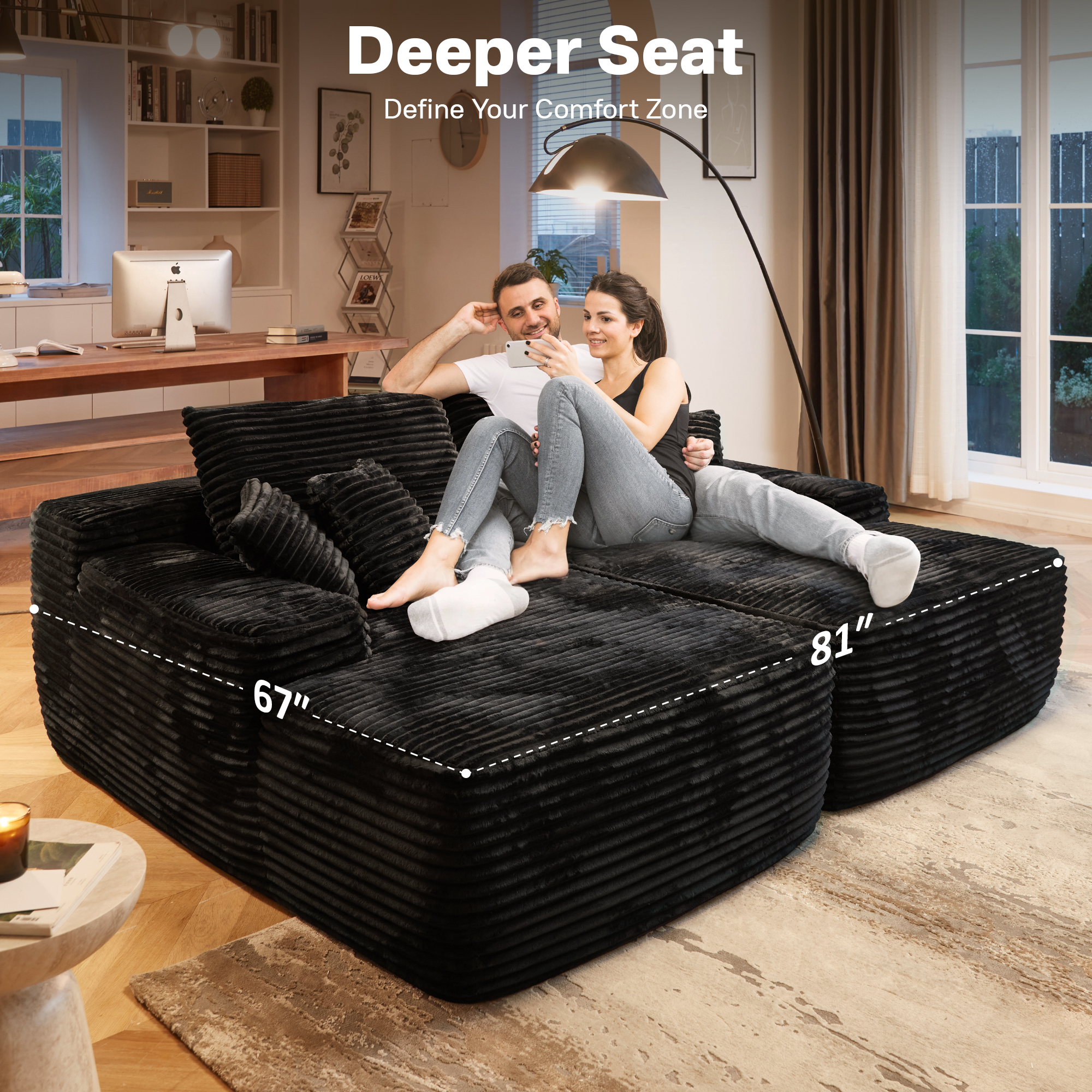 Vcatnet 81" Modular Sectional Sofa Couch Corduroy Chaise Lounge Loveseat Sofa Bed Oversized Upholstered Sleeper Sofa for Living Room and Bedroom, Black