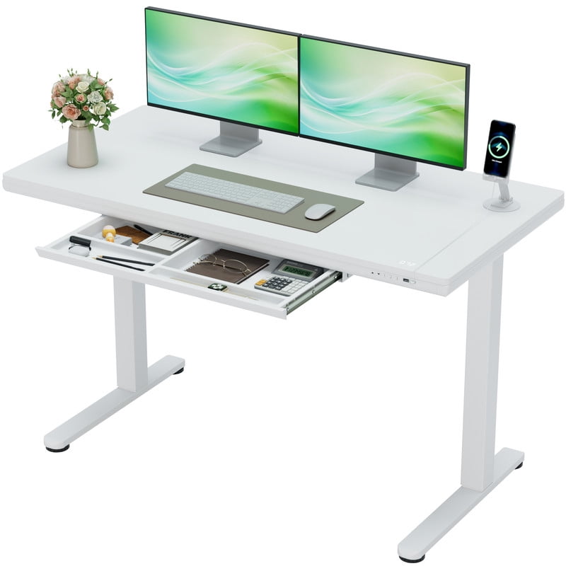 Homall 48" x 24" Wood Top Electric Standing Desk with Drawer, Height Adjustable Desk with Phone Stand & Charging Ports, Sit Stand up for Home Office,White