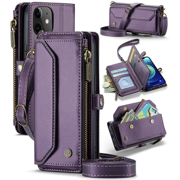 For iPhone 12 Mini Crossbody Wallet Case with Card Slots Zipper Pocket,PU Leather Magnetic Flip Folio Wristlet Shoulder Strap 3-in-1 Crossbody Phone Case Wallet for Women Men,Purple
