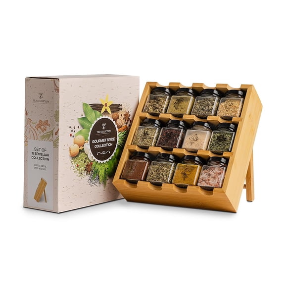 TILZ GEAR Wooden 3-Tier Spice Rack, 12 Filled Glass Jars, 12 Organic Spices Included, Brown
