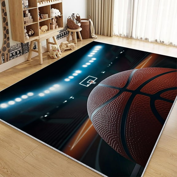 Area Rug For Living Room Sports Theme Basketball Carpets, Washable Rugs, Brown Print Low-Pile Non-Slip Rugs For Office Kitchen Entryway Decorative Carpets