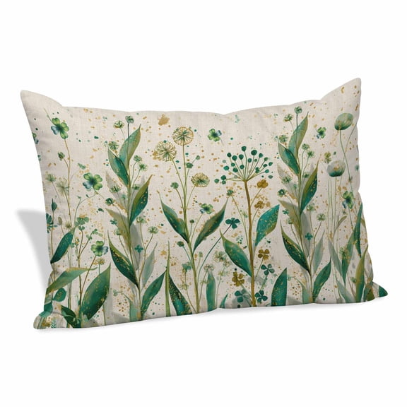 St Patrick's Day Pillow Covers, Linen Long Throw Pillow Case, Spring Leaves Green Flowers Plants Beige Holiday Pillow Protector Decorative Cushion Cover for Living Room/Bedroom 12" x 20"