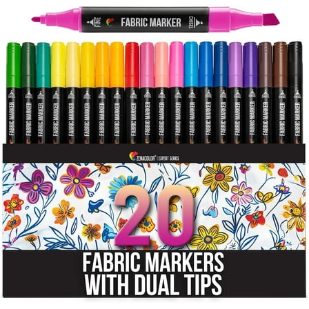 Zenacolor Dual Tip Fabric Markers - Vibrant Colors, Permanent, for Clothes, Shoes, and Textiles - Fine and Chisel Point, 20-Pack