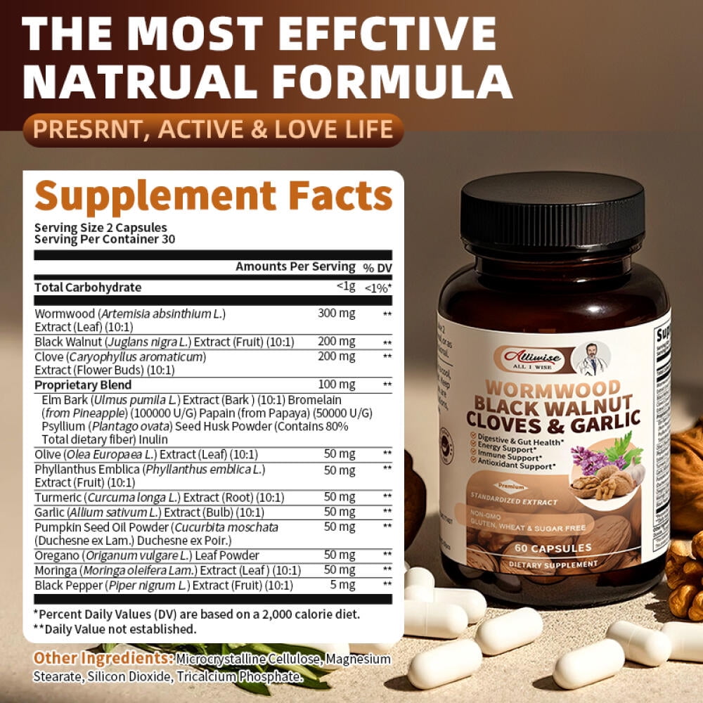 Black Walnut Wormwood Capsules, Gut Cleanse & Digestive Health with Clove Garlic Turmeric,wormwood black walnut complex, 120 Capsules, 2 Pack