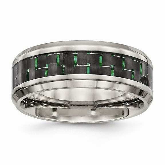 8mm Titanium Polished Black Green Carbon Fiber Inlay Ring - Size 13