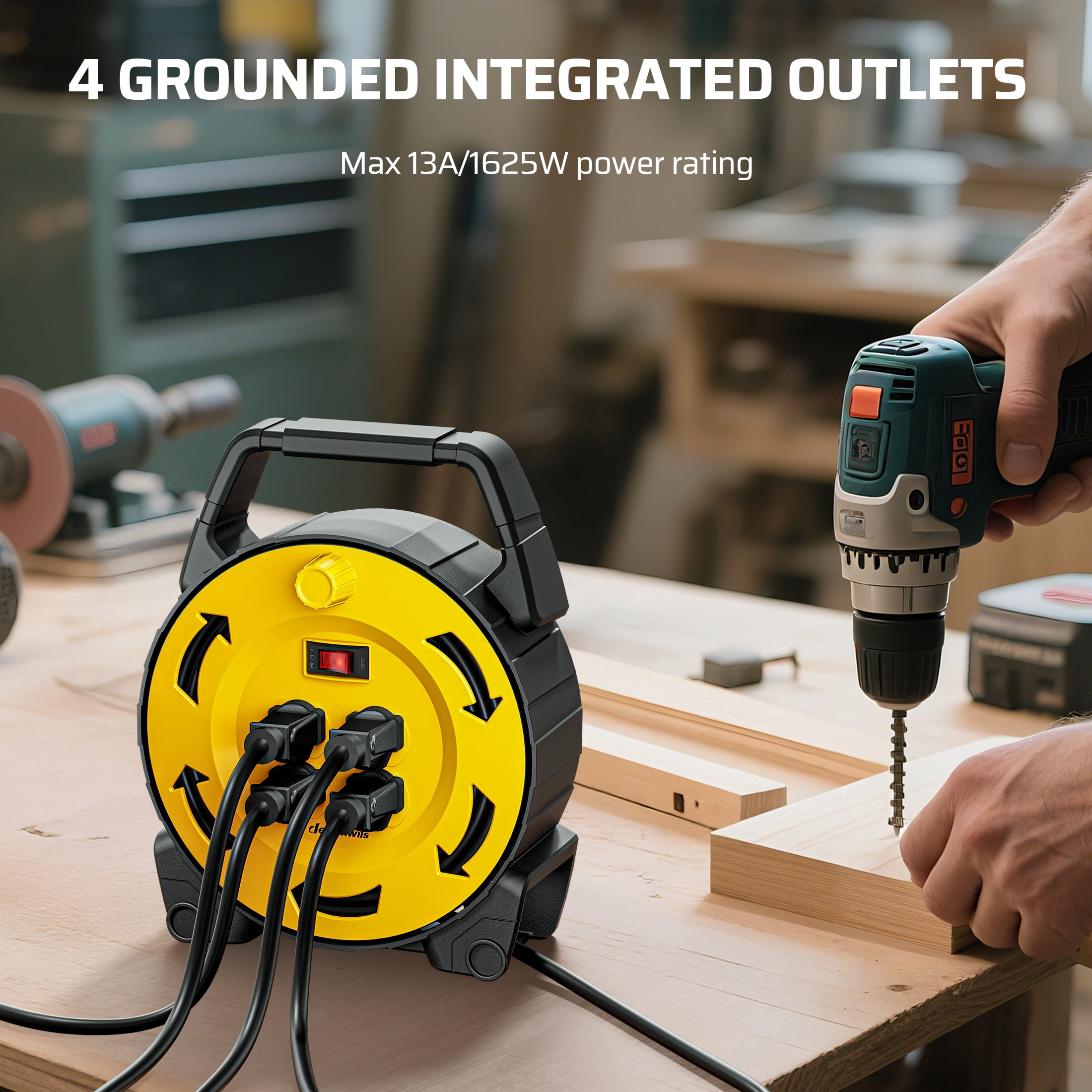 DEWENWILS Extension Cord Reel with 30 FT Power Cord, Hand Wind Retractable, 16/3 AWG SJTW, 4 Grounded Outlets, 13 Amp Circuit Breaker, Yellow Black, UL Listed