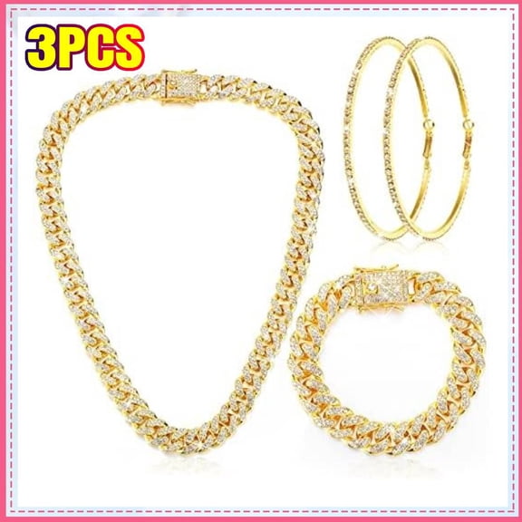 3 Pcs Cuban Link Chain Necklace Bracelet Rhinestone Hoop Earrings Bling Crystal Hip Hop Jewelry for Women(24 Inch,Gold)
