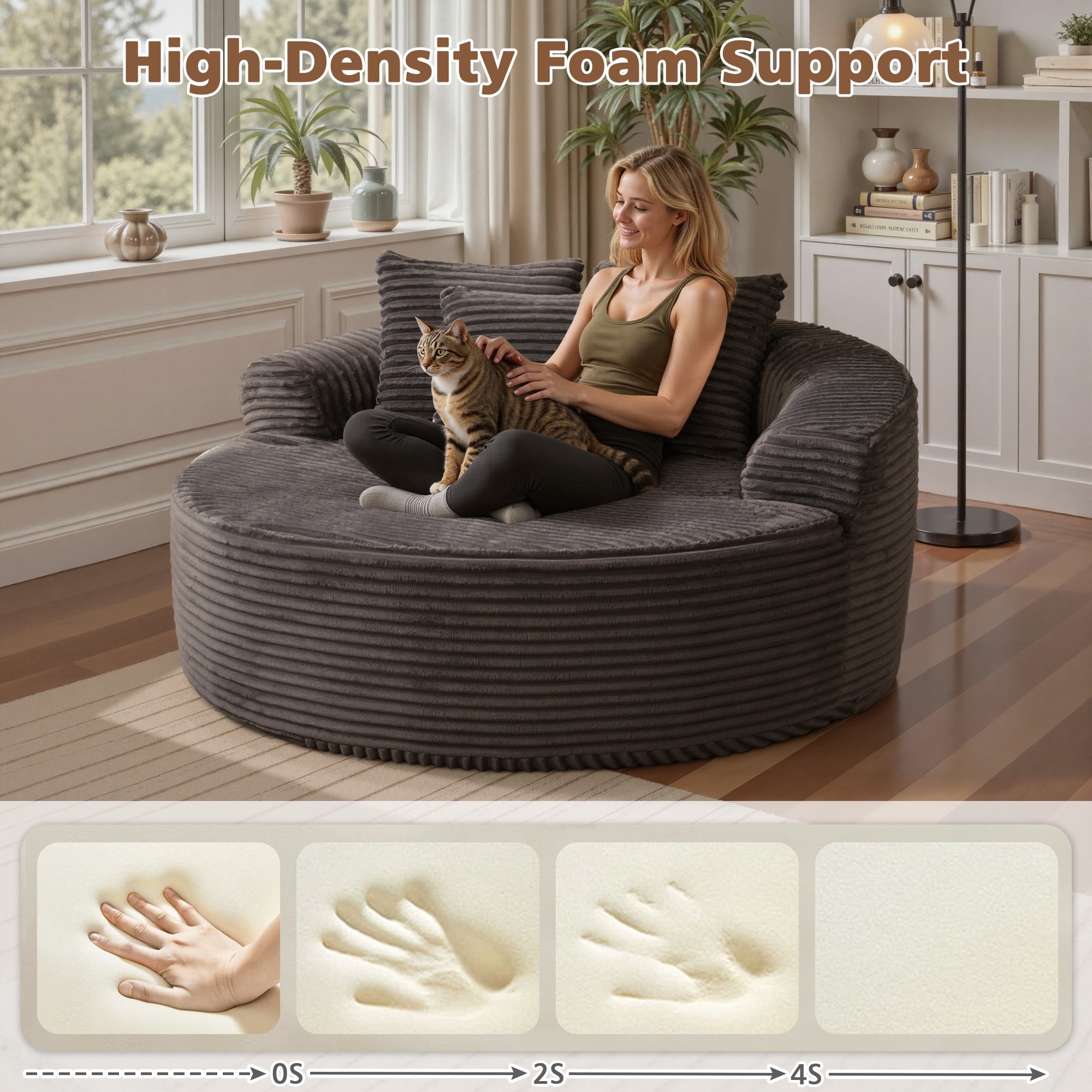 Ovios 58" Oversized Lounge Chair Round Cloud Deep Seat Accent Chair Plush Corduroy Boneless Sofa Chair for Living Room, Gray