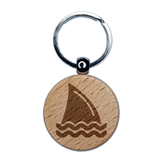 Shark Fin in Water Round Keychain Charm Tag - Engraved Wood