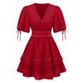 thumbnail image 4 of KHONTS Women's Summer Dress Hollow out Lace V-Neck Puff Short Sleeve A-Line Layered Short Dresses Red XL, 4 of 4