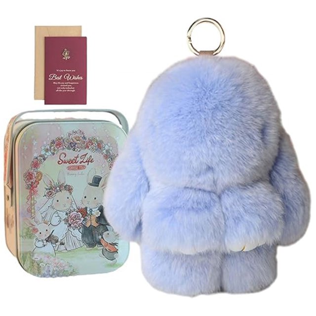pompón piel esponjosa muñeco conejito llavero peluche lindo esponjoso abalorio color ColorA — Llavero con conejito orejas caídas y anilla metálica superior, vista frontal centrada; cuerpo redondeado de piel sintética suave y pelo denso en tono pastel, patas y brazos visibles, tamaño aprox. 6.3x2.36x2.36 pulgadas (160x60x60 mm). Fondo blanco con caja ilustrada floral a la izquierda. Ideal como colgante para llaves o accesorio de bolso.
