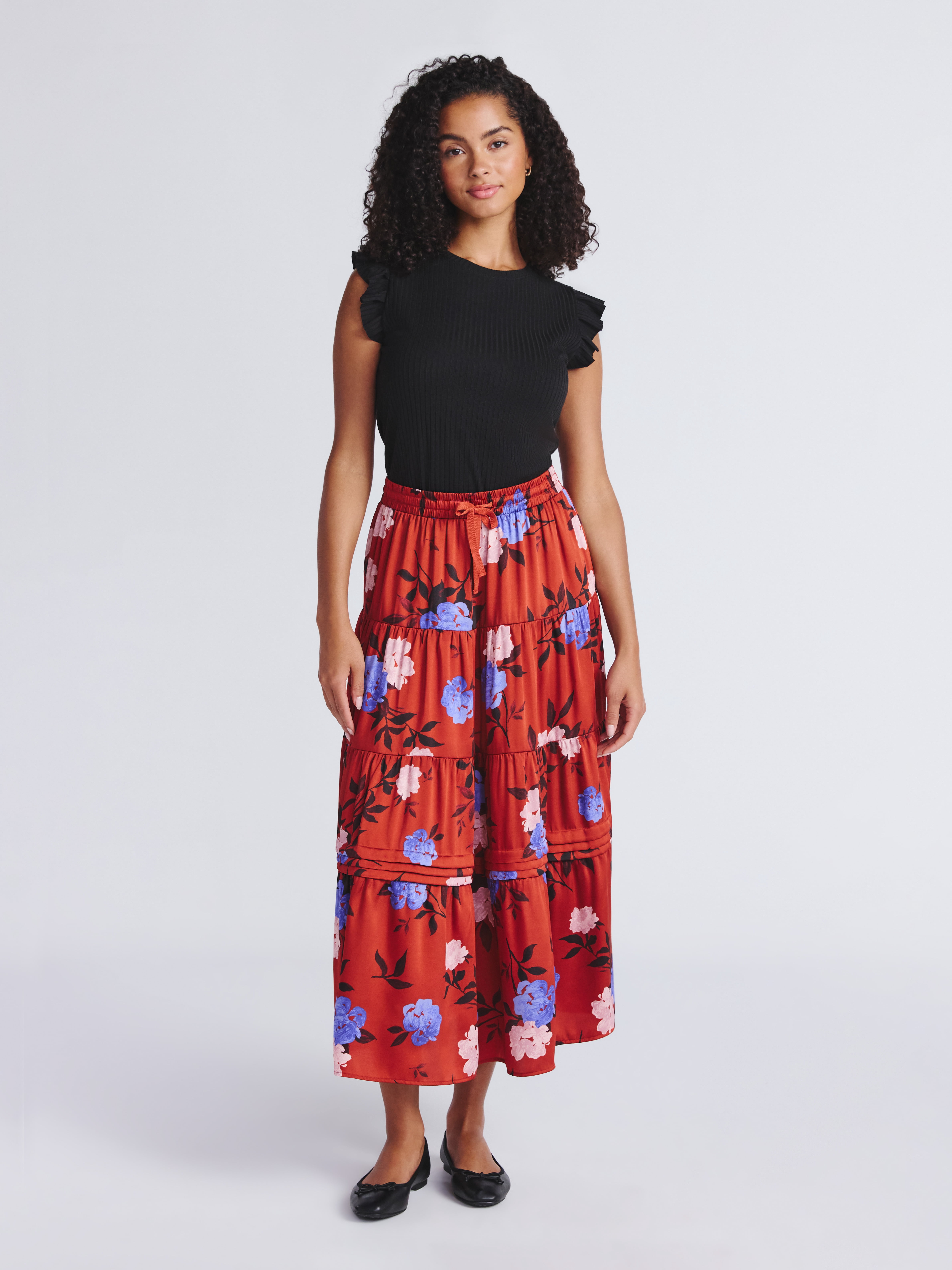 Time and Tru Women's Print Tiered Pull On Midi Skirt, Sizes XS-XXXL