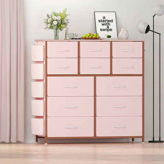CazToi 12-Drawer Dresser with Side Pockets Fabric Dresser for Bedroom, Torage Tower with Fabric Bins Double Dressers Chest of Drawers for Closet Living Room Hallway