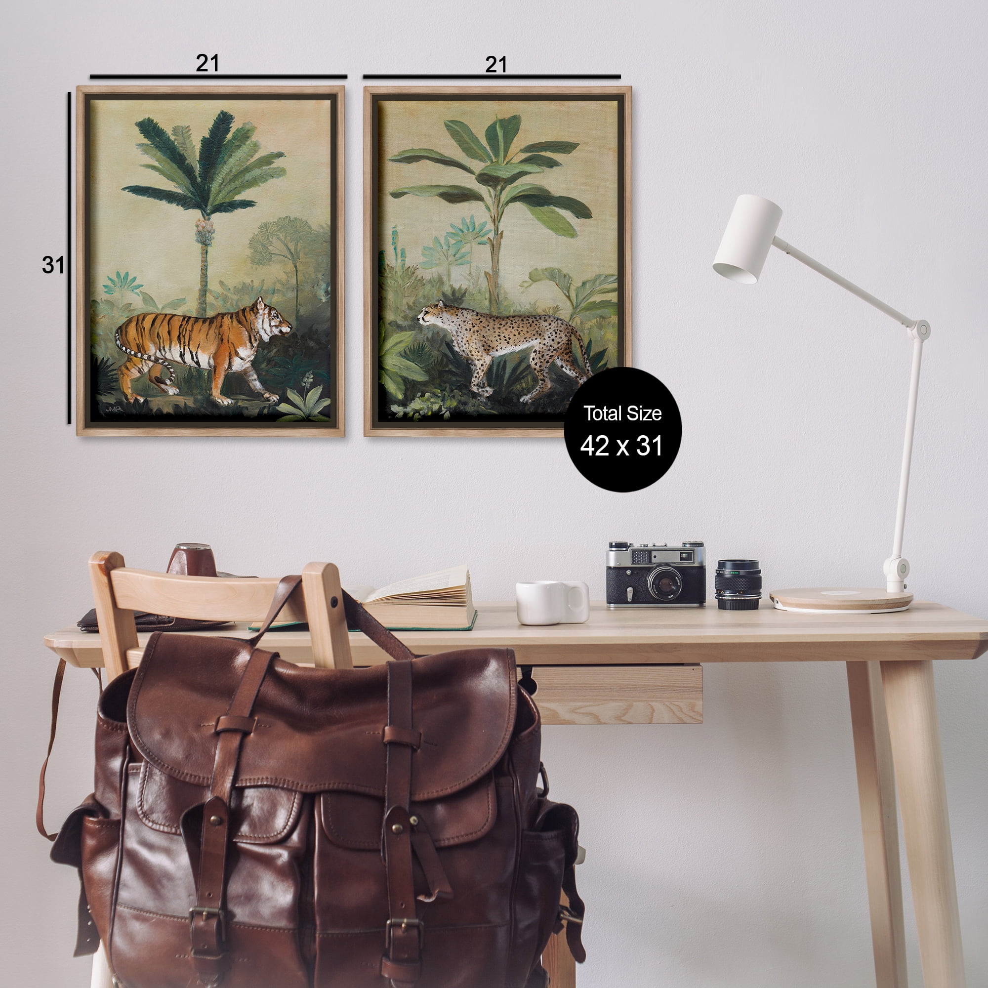 Stupell Industries Tiger Cheetah Jungle Forest Animals Painting Brown Floater Framed Canvas Art Print Wall Art, 21 x 31, Set of 2