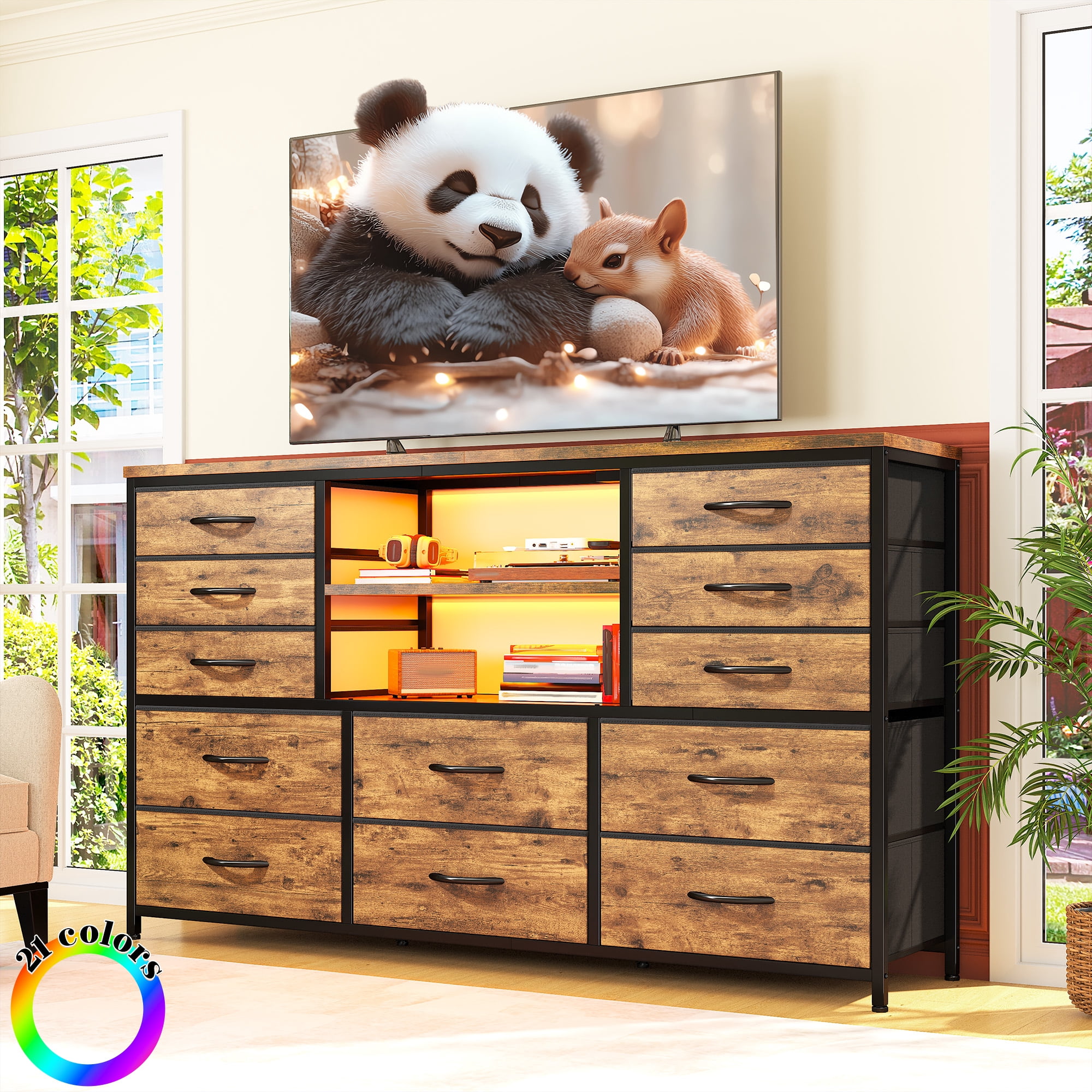 reibii TV Stand for 55'' TV Dresser for Bedroom,LED TV Stand with Storage 12 Fabric Drawers Dresser with Entertainment Center,Power Outlet,Rustic Brown