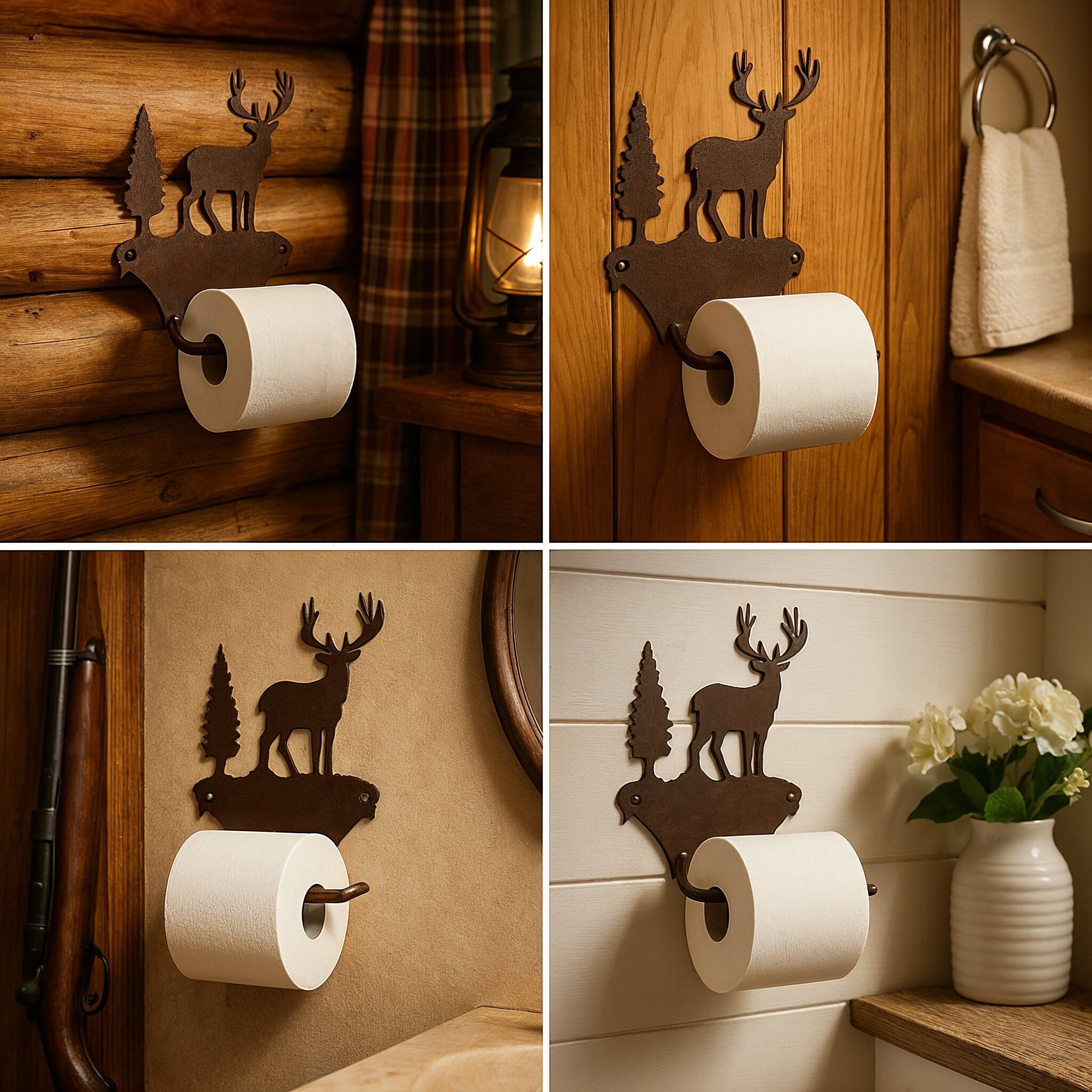 Rustic Toilet Paper Holder Wall Mount – Deer Design Bronze Metal for Farmhouse Cabin Decor