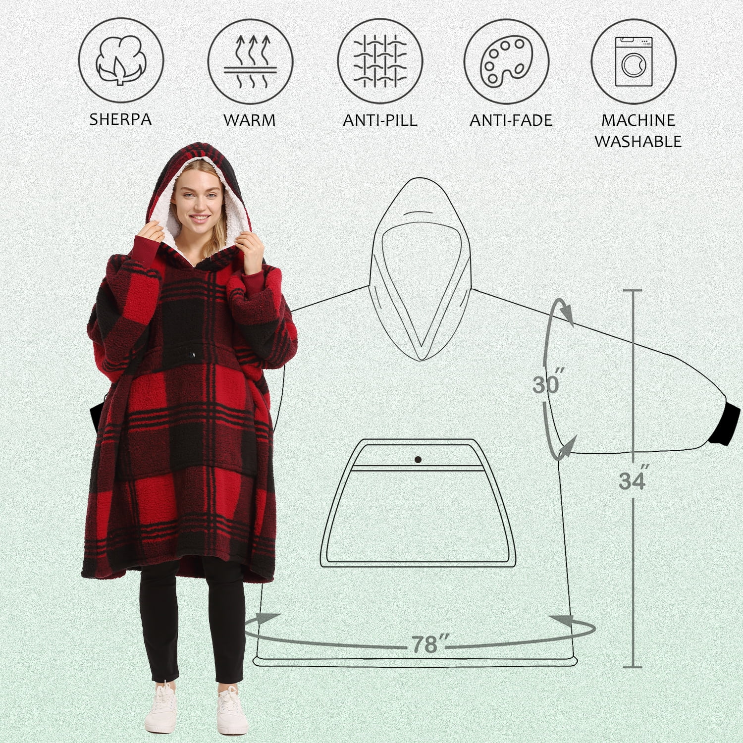 Catalonia Red Plaid Oversized Wearable Blanket Hoodie Sweatshirt, Comfortable Sherpa Lounging Pullover for Adults Men Women Wife Girlfriend, Gift for Her