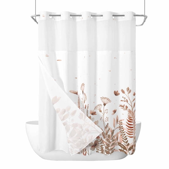 No Hook Spring Floral Shower Curtain with Snap in Liner Set, Watercolor Elegant Pastoral Flowers Waterproof Fabric Bathroom Curtains with See Through Top Window, Hotel Style Extra Long 72 x 96 Inch