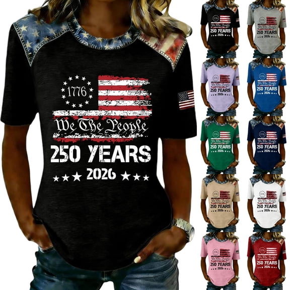 Youpwaven Women's America 250th Anniversary USA T-Shirt, 1776-2026 We The People Patriotic Graphic Top, 250 Years Celebration Independence Day Crew Neck Tee