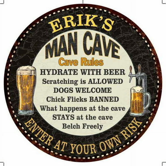 ERIK'S Man Cave Rules 14" Round Metal Sign Garage Bar Decor 100140010056