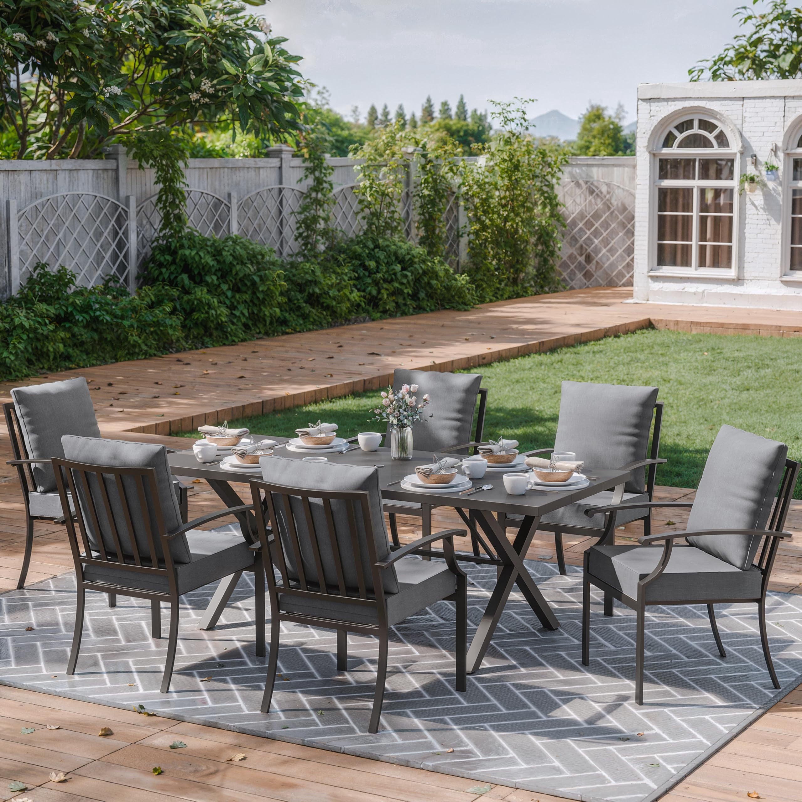 ALAULM 7-Piece Patio Dining Table and Chairs Outdoor Dining Set for 6 Patio Dining Sets with Rectangular Metal Table with Umbrella Hole for Patio, Backyard, Garden-Grey