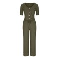 thumbnail image 4 of Womens Summer Lounge Matching Sets Short Sleeve Button V Neck Tops Drawstring Wide Leg Pants Casual Cotton Linen Sets, 4 of 7