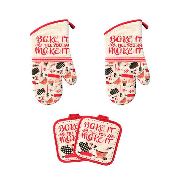 Bake It Till You Make It Oven Mitt Potholder Set 4 Piece Cotton