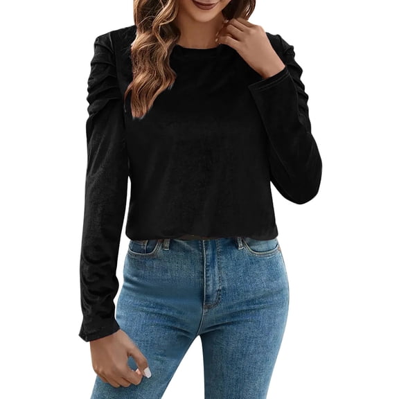 VISALY Women's Puff Long Sleeve Velvet Tops Base Layers Crewneck Blouses Stretchy Slimming Shirts Trendy Dressy Casual Blouses Elegant Office Shirts Fall Classy Work Holiday Party Outfit Black L