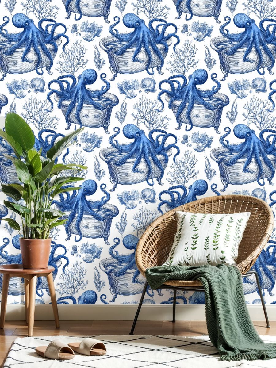 Peel and Stick Wallpaper Octopus Blue Vintage Engraving Marine Style Wall Mural 23.6in x 9.8ft Self Adhesive Removable Wall Paper Renter Friendly Wallpaper for Nursery Bedroom Cabinets