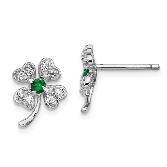 Cheryl M 925 Sterling Silver Rhod-plated Glass Sim.Emerald & CZ 4-leaf Clover Earrings; for Adults and Teens; for Women and Men