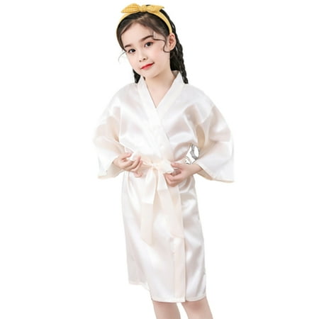 

FaLX Summer Girls Silk Robe Solid Color Children Pajamas Kids Soft Bathrobe Sleepwear