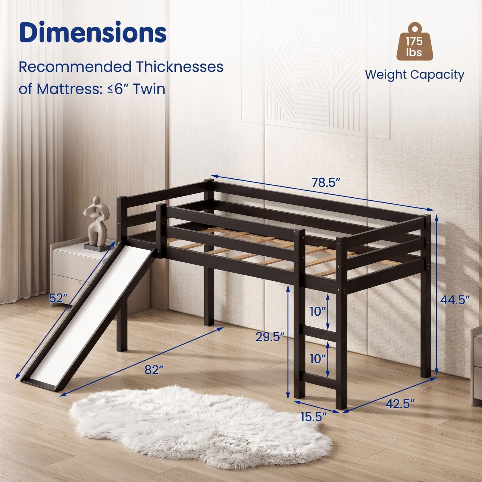 Furnibear Twin Size Low Loft Bed with Slide and Ladder for Kids Bedroom, Sturdy Wood Loft Bed Frame with Guardrails, Space-Saving, Dark Brown