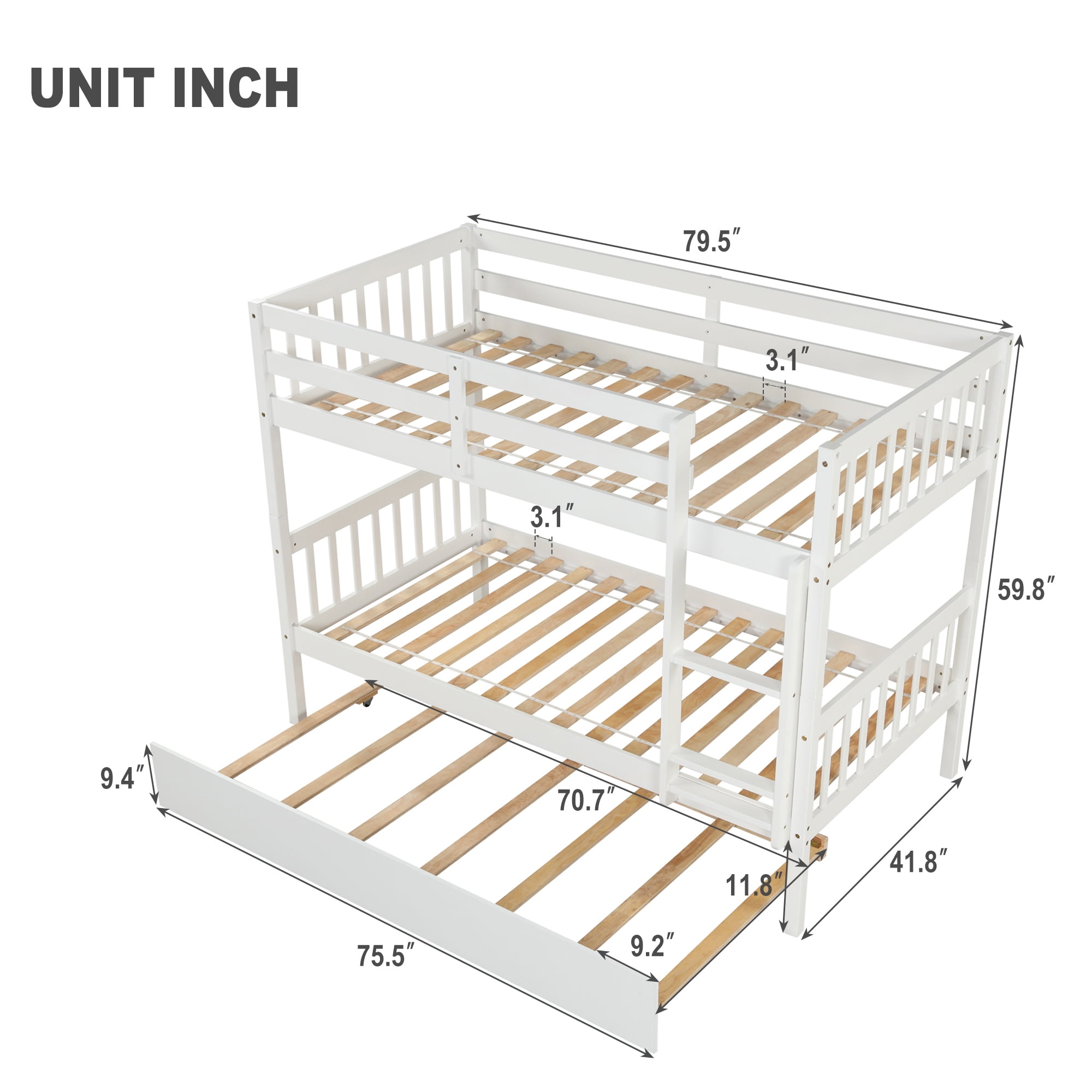 Resenkos Twin Over Twin Bunk Beds with Trundle, Solid Wood Trundle Bed Frame with Safety Rail and Ladder,White Resenkos Twin Over Twin Bunk Beds with Trundle, Solid Wood Trundle Bed Frame with Safety Rail and Ladder,White