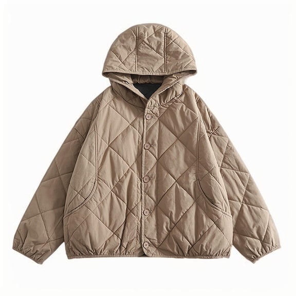Hooded Jackets For Women Fall Winter Trendy Button Down Quilted Shacket Casual Thick Thermal Outwear With Pockets (XL, Khaki)
