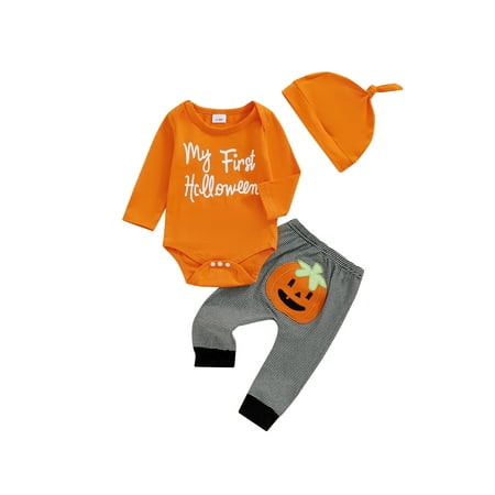 

CocMouse Boy Halloween Set Long Sleeve Romper Pumpkin Embroidery Pants Hat